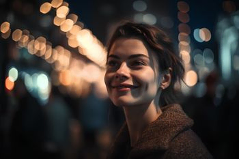 retrato de chica sonriente con fondo luces de ciudad